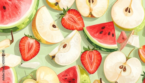 Vibrant and Refreshing Pattern of Freshly Sliced Summer Fruits, Featuring Juicy Watermelon, Sweet Strawberries, and Crisp Apple Pieces on a Bright Green Background