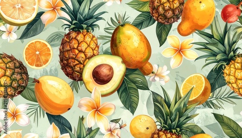 Tropical watercolor pattern with pineapple and avocado