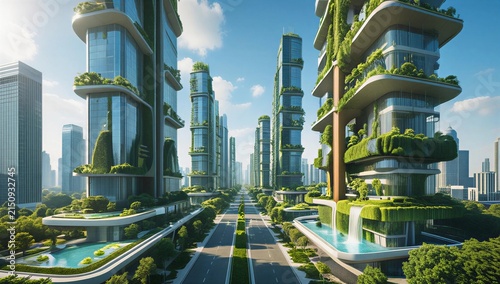 Futuristic eco friendly megacity with modern green skyscrapers, vertical gardens, solar panels, and clean streets, generative AI