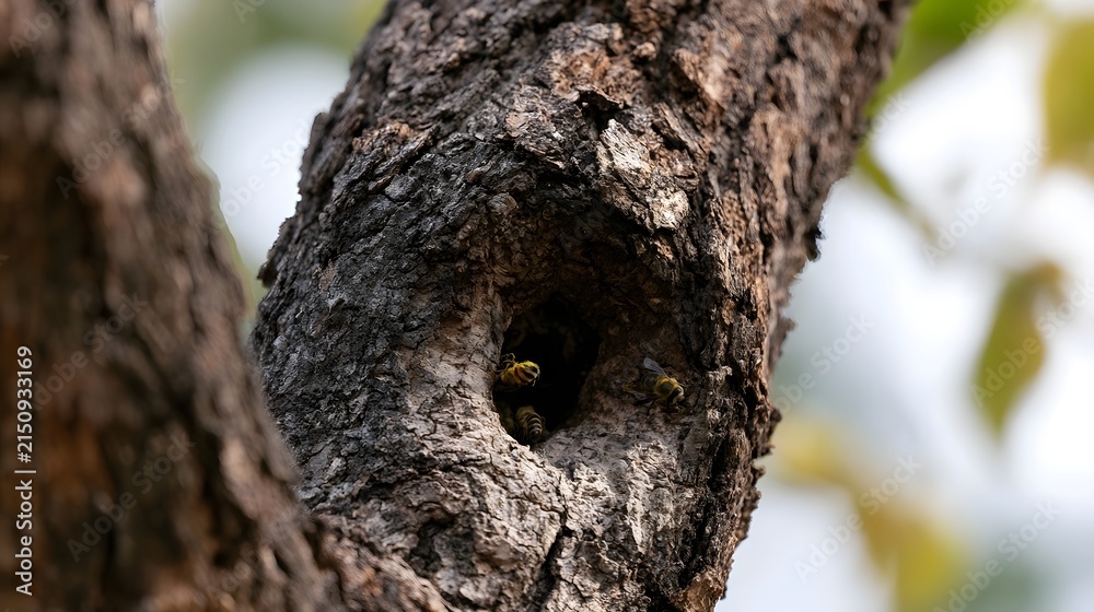 Obraz premium Bees actively entering and exiting a hollow tree trunk showcasing natural wildlife behavior in daylight