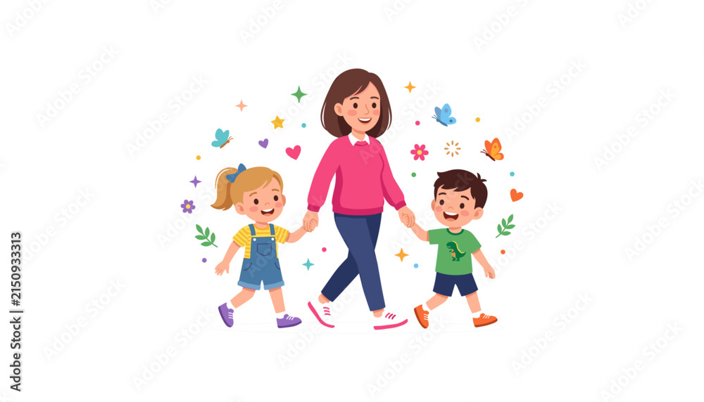 Fototapeta premium Happy Mother Walking with Daughter and Son, Holding Hands Together Surrounded by Colorful Flowers, Butterflies, Stars, and Playful Nature Elements