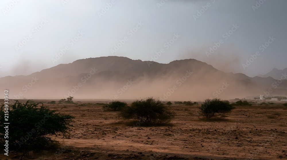 Naklejka premium A sandstorm rolls across a barren desert plain with rugged mountains in the distance and sparse shrubs dotting the foreground