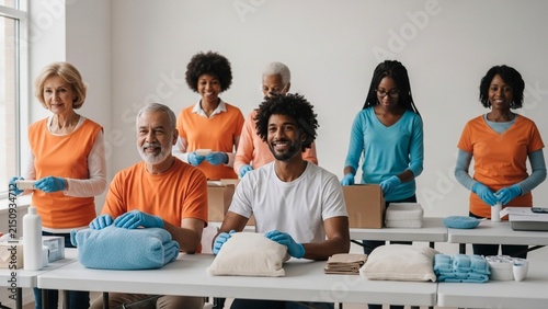 Diverse Group of Volunteers of Different Ages Packing Aid and Donation Boxes in Charity Community Center