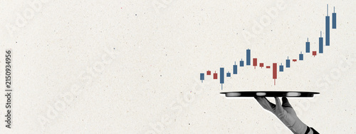 Obraz na płótnie Hand holding a platform with rising stock market candlestick chart on a textured light background with generous copy space for business design