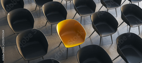 Bright yellow chair standing out among rows of black seats in a modern indoor waiting area, contrast and individuality concept. 3D Rendering