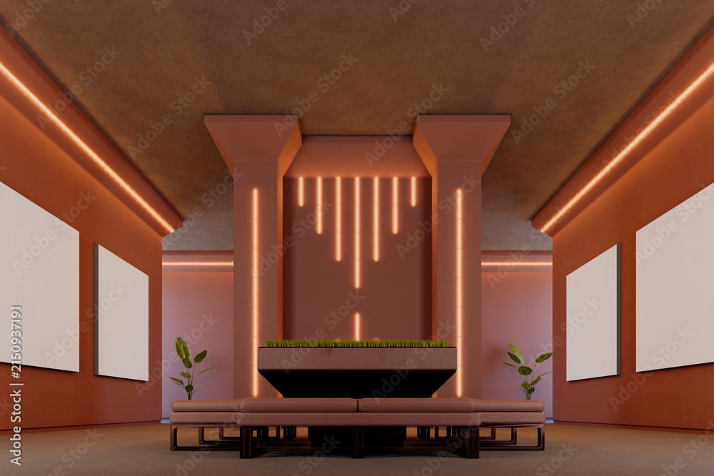 Obraz premium Futuristic orange lounge interior with glowing vertical wall lights, sculptural fireplace, modern sofa, plants, and symmetrical architectural design. 3D Rendering