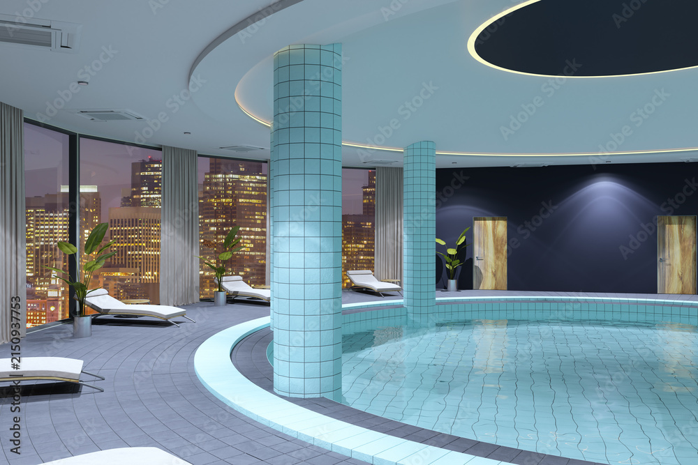 Fototapeta premium Luxury indoor rooftop pool lounge with illuminated ceiling, city skyline windows, tiled columns, and serene evening wellness ambiance. 3D Rendering