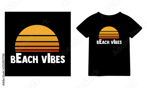 Retro sunset beach vibes graphic design for t shirt printing with a minimalist sun and bold typography
