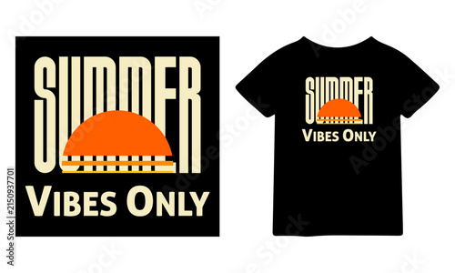Summer vibes only typography t shirt design with a minimalist sunset graphic on a black background