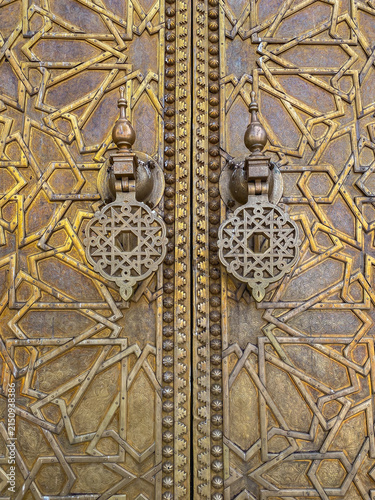 The detail of famous golden main entrance to the Royal Palace in Fès, Morocco