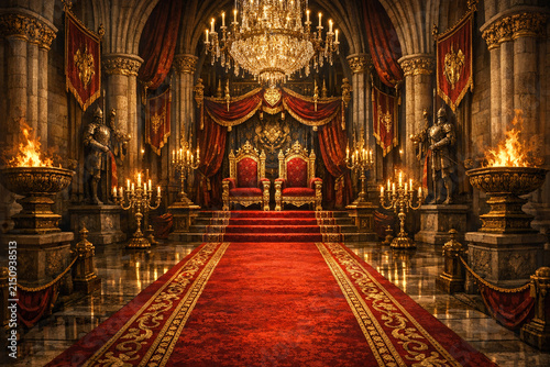 The opulence and grandeur of a royal wedding hall, adorned with golden chandeliers, red carpet, and candlelights. The majesty of the hall is accentuated by the regal red drapery and gold trim.