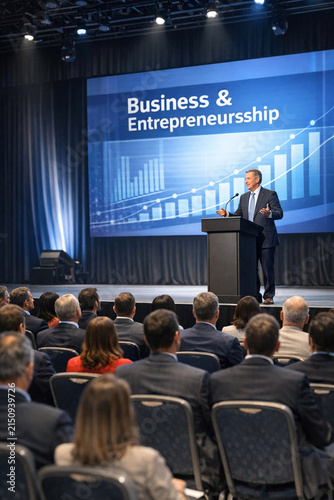 Conference hall with business audience and speaker on stage