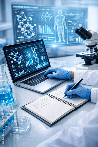 Close-up of scientist's hands using computer and pen, conducting research in a lab setting with digital interfaces and laboratory equipment.