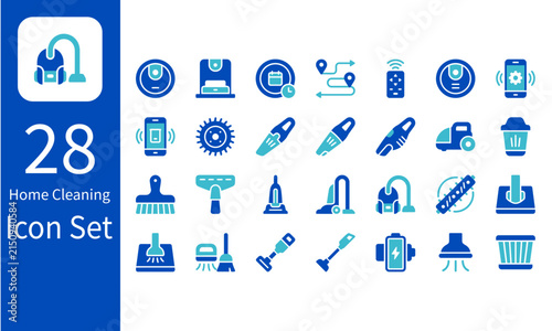 28 home cleaning icon set with robot vacuum cleaner mobile app control duster filter and floor broom vector symbols