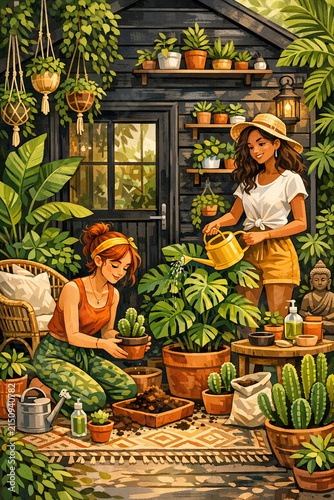 Two women working in a greenhouse filled with tropical plants and flowers. They are tending to the cactus, watering it with a hose.