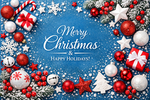 Merry Christmas card with snowflakes and holiday decorations on blue background.