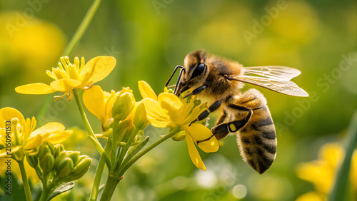 Macro close-up of a honey bee collecting nectar from a bright yellow buttercup flower
