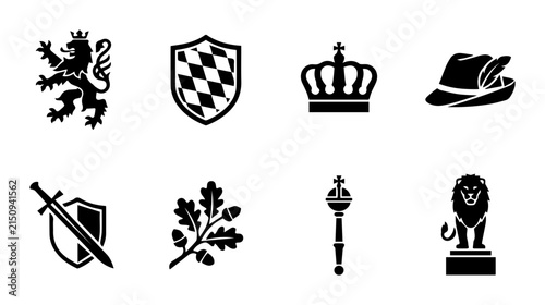 Royal Heraldry Icons Set, Crown and Lion Emblems, Medieval Symbols Collection, Bavarian Crest and Sword Graphics, Vector Royalty Elements