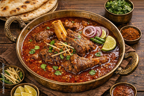 A delicious and flavorful Indian curry, served with rice and garnished with vegetables. This exotic dish is a traditional and hearty meal in the cuisine of India.