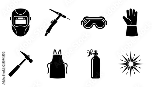 Welding Equipment Icons Set, Industrial Safety Gear Vector Graphics, Metalwork Tools Collection, Protective Apparel and Spark Symbol