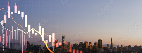 Financial market candlestick chart overlay above illuminated city skyline at dusk, investment trends, urban economy and business growth concept.