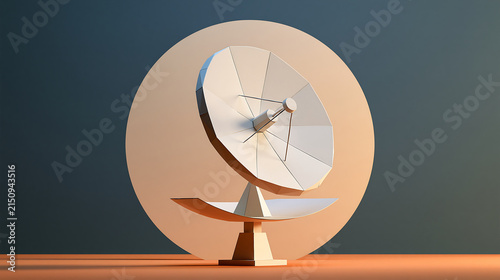 Minimalist satellite dish sculpture with geometric shapes on a soft peach and grey