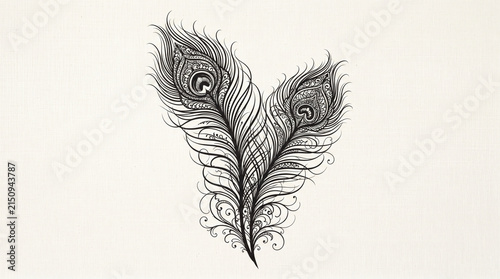 Obraz na plátne Black and white feather wing sketch isolated on white background for design elem