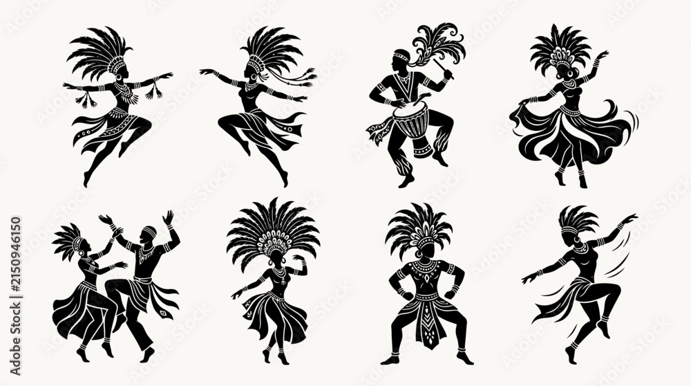 Fototapeta premium Set of black silhouettes of traditional Brazilian samba dancers and musicians performing in Carnival costumes
