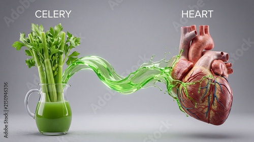 Celery and Human Anatomical Heart, Healthy Nutrition and Cardiovascular Health Concept, 3D Medical Illustration