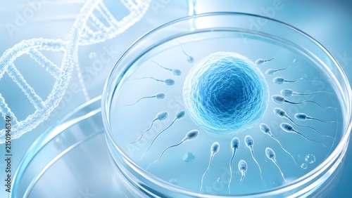 Microscopic blue sperm cells swimming towards a glowing egg cell in a petri dish. Concept of advanced in vitro fertilization, human reproduction science, and clinical embryology.