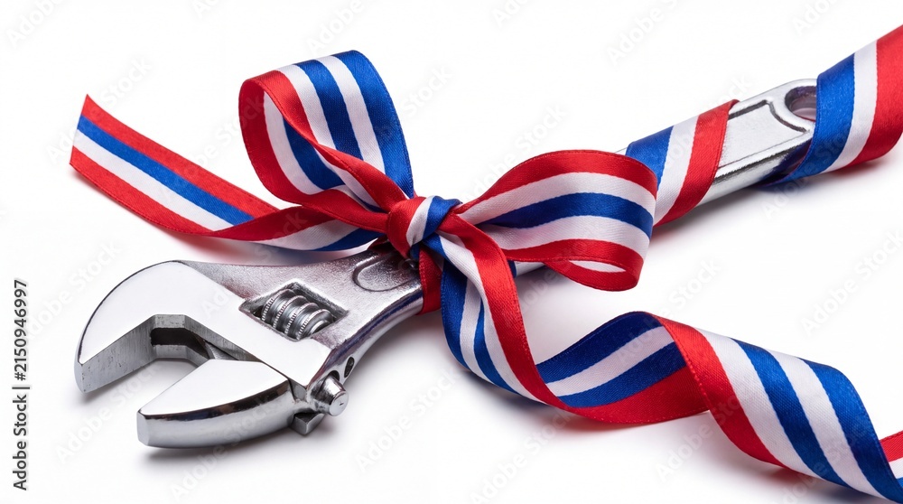 Fototapeta premium Adjustable metal wrench wrapped in a festive red white and blue ribbon.