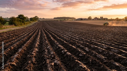 Konstfotografi Freshly plowed agricultural field rows at sunrise with warm golden light