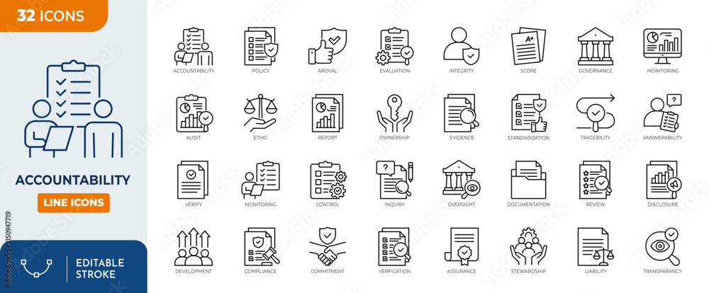 Obraz premium Accountability line editable icon set. Containing responsibility, integrity, liability, transparency, compliance, ethics, ownership. and more. Vector illustration