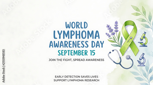 World Lymphoma Awareness Day banner with lime green ribbon and medical icons for September 15