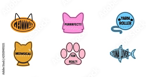 Fotografie Six Funny Cat Stickers with Playful Pawsome Wordplay