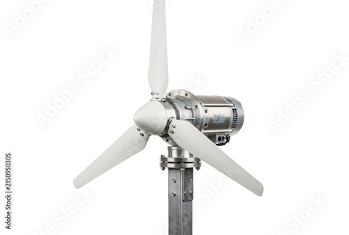 Renewable energy wind turbine generator with three aerodynamic white blades precision metal housing assembly for sustainable clean power generation system.