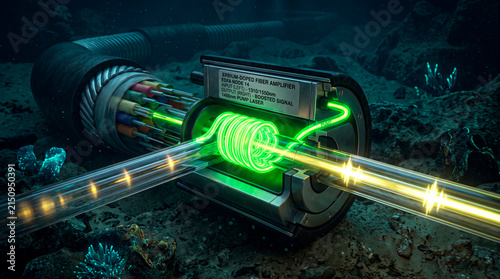 Erbium doped fiber optic cable amplifies optical data signals in a marine environment