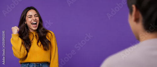 Cool attractive lovely winsome sweet crazy cheerful girl having fun