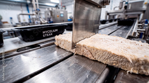 Macro view of ultrasonic cutting of mycelium steaks in a food processing facility