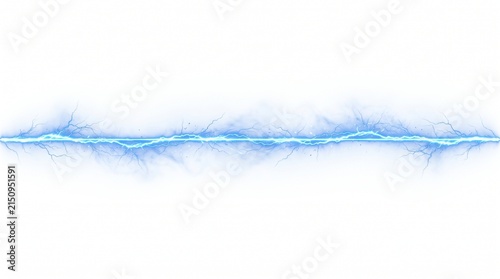 Electric blue lightning bolt on white background, glowing energy discharge line, powerful plasma spark for science and technology design