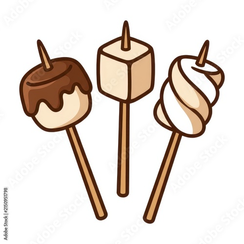 Three marshmallows on sticks on white background