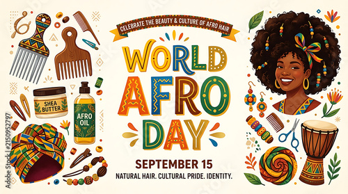 World Afro Day celebration poster with natural hair care icons and cultural elements