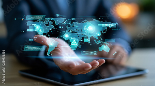 Faceless business professional analyzing global risk and geopolitical instability using holographic world map with warning icons, defocused background, with copy space