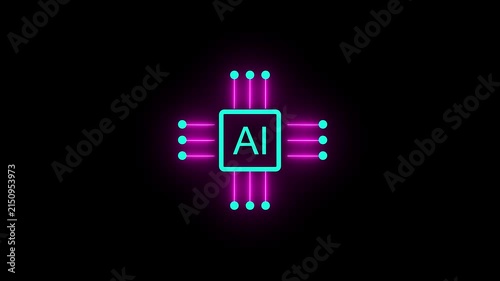 Futuristic Artificial Intelligence Microchip Icon on Black Background for Machine Learning and Tech
