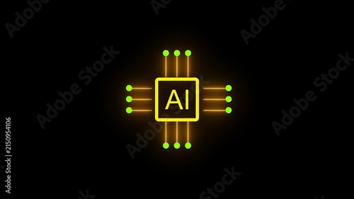 Futuristic Artificial Intelligence Microchip Icon on Black Background for Machine Learning and Tech