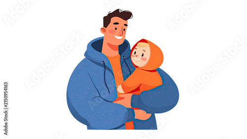 happy father carrying smiling child in warm winter clothing illustration isolated on white background 