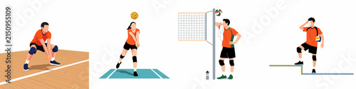 Vector Illustration Set of Volleyball Players in Various Action Poses, Male and Female Athletes Serving, Receiving, and Resting, Professional Sports Character Designs Isolated on White