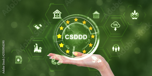 Foto Holographic globe with European sustainability stars and CSDDD compliance symbols above an open hand, green environmental responsibility concept drawing