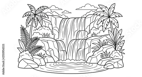 Tropical waterfall scene with lush vegetation is presented as a black silhouette