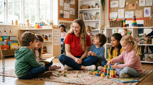 A smiling female teacher sitting on the floor with diverse young children playing with wooden toys during a fun teacher s day celebration